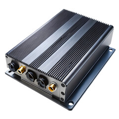 Fototapeta premium Shiny Black Metal Box with Ribbed Surface and Audio Connectors