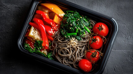 A healthy meal prep container with soba noodles, roasted peppers, spinach, and cherry tomatoes