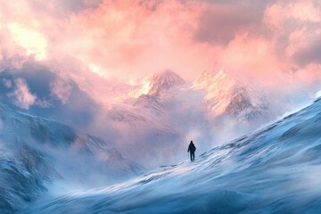 A lone hiker ascends a snow-covered mountain pass under a breathtaking, colorful sky.