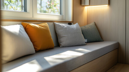 Sunlit window seat with comfy cushions in a minimalist room