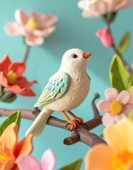 Obraz premium Colorful clay bird in floral setting with pastel flowers on branch