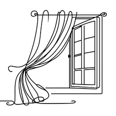 Minimalist line art of a window with flowing curtains  