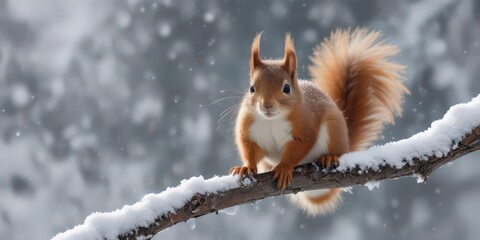 Tiny red squirrel clings to snow-laden twig, snowflakes falling ,  nature,  snowflake,  photograph