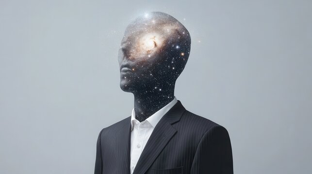 Faceless professional in suit, modern minimalist setting, theme of identity and anonymity, space for creative text.