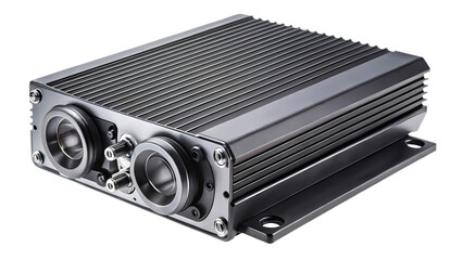 Fototapeta premium High Fidelity Audio Component with Heat Sink and Connection Ports in Black