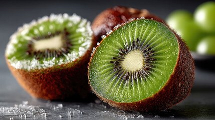 Sugar-dusted kiwi fruit halves, glistening,  beside green grapes on dark surface