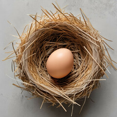 Overhead photo of a single egg in a nest of straw on light grey surface