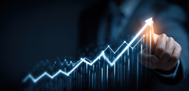 Hand points to an upward trending graph with blue lines and rising bars.