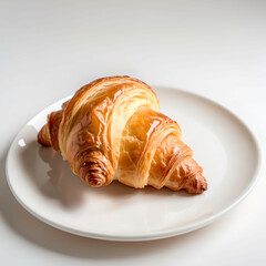 Single croissant on a white ceramic plate, white background, soft natural light