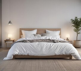 Crisp white bedding, spacious Scandinavian king bed, sheets, modern