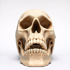 Obraz premium A detailed anatomical model of a human skull on a white background.