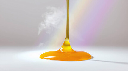 A close-up photograph of golden honey dripping from a spoon, showcasing its texture.