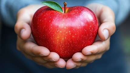Close-up view of a ripe red  held in cupped hands.