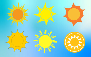 Sun in orange yellow colors with rays on blue gradient background