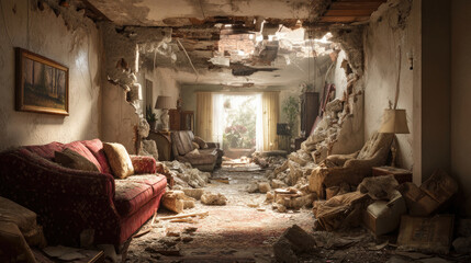 Sunlit ruin of a living room, debris and destruction evident, showing decay and neglect