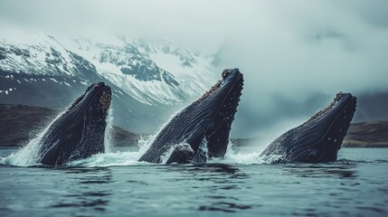 Fototapeta premium Majestic humpback whales breaching in a frigid ocean scene.