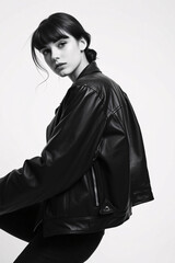 A woman in a leather jacket posing for a black and white portrait.