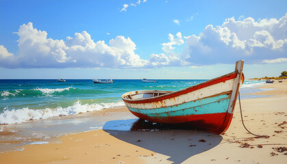 Fototapeta na wymiar A rustic wooden fishing boat with peeling red, white, and turquoise paint, beached on golden sand under a bright blue sky, with calm turquoise sea and small boats in the background.