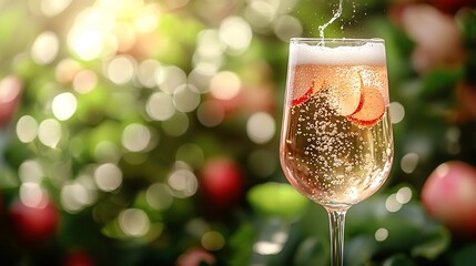 Clear glass of Apfelschorle outdoors natural sunlight vibrant green backdrop refreshing bubbles rising healthy and lively feel soft diffuse light