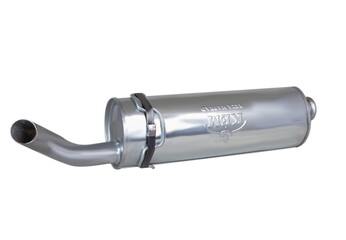 Bright galvanized steel car muffler with angled exhaust pipe and factory-style mounting hooks. Designed for OEM replacement and stock vehicle sound management. Ideal for repair and part database usage