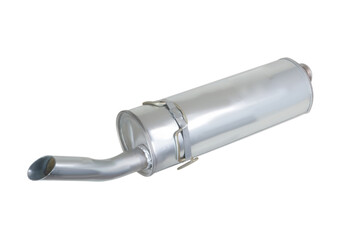 Bright galvanized steel car muffler with angled exhaust pipe and factory-style mounting hooks. Designed for OEM replacement and stock vehicle sound management. Ideal for repair and part database usage