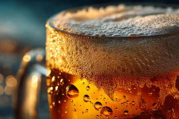 Cold amber beer with foam and condensation