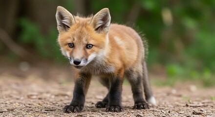 Adorable red fox cub (Vulpes vulpes kit) with fluffy reddish-orange fur, dark inquisitive eyes, and characteristic black "stockings" on its paws.