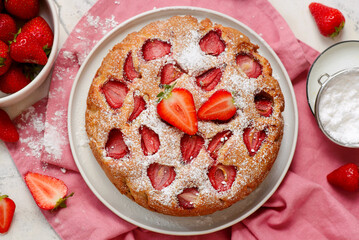 Yogurt pie with strawberries.top veiw.style rustic