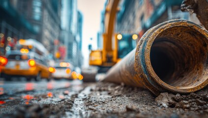 Fototapeta premium Large pipe on a city street with construction equipment in the background.