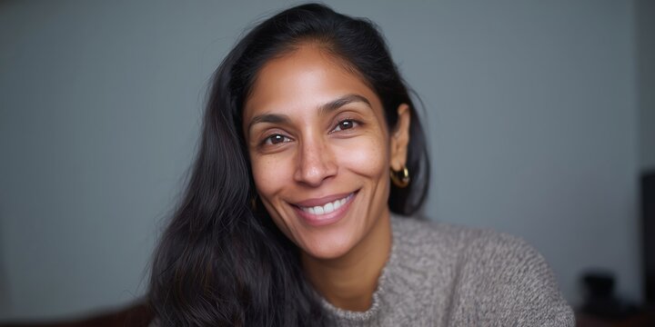 Smiling young hispanic female with long hair and hoop earrings in casual sweater - Powered by Adobe
