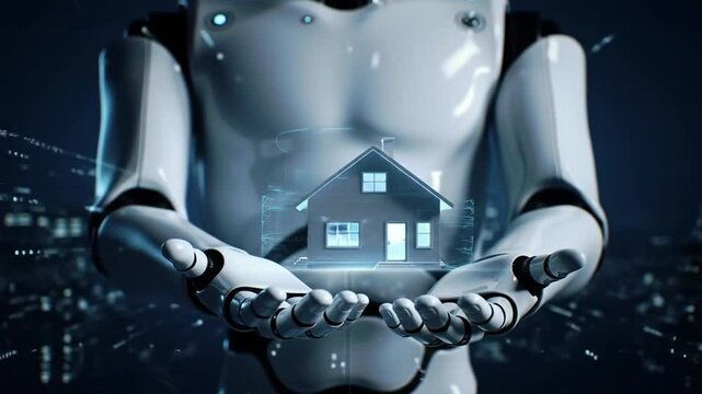 Robot Holding Holographic House: Smart Home Technology, AI, Future of Real Estate