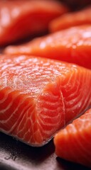 Close up of raw salmon fillets showing texture and vibrant orange color.