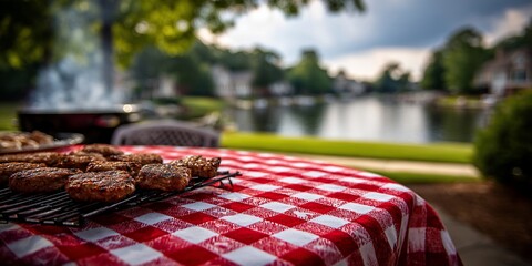 Summertime bbq with family/friends in the yard with a lake in the background