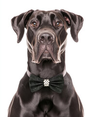Black dog with bowtie and muzzle studio portrait