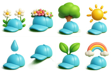 Fototapeta premium Nature-themed cap icons set – flowers, tree, sun, raindrop, leaves, rainbow. 3D icon set