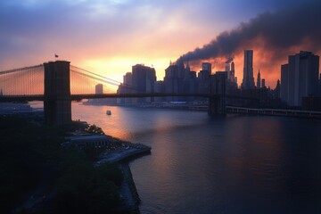 Dramatic Skyline View Featuring Brooklyn Bridge and Urban Cityscape at Sunset