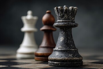 Wooden chessboard transformed into a war zone with worn pieces reflecting battle history