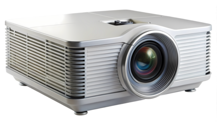 Detailed studio shot of a high quality silver video projector device