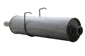 Bright galvanized steel car muffler with angled exhaust pipe and factory-style mounting hooks. Designed for OEM replacement and stock vehicle sound management. Ideal for repair and part database usage