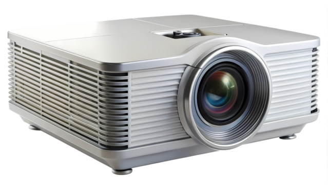 Detailed studio shot of a high quality silver video projector device