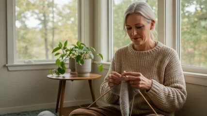 Mature woman knitting at home - Powered by Adobe