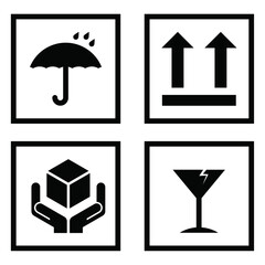packaging icon set, different packaging vector symbols, This side up, Keep dry, Handle with care,  Fragile,  vector icon set.