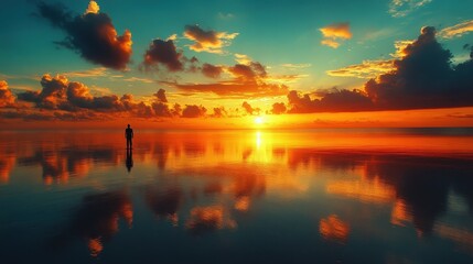 Silhouetted figure by a tranquil ocean at sunset.