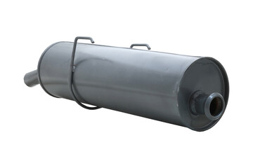 Bright galvanized steel car muffler with angled exhaust pipe and factory-style mounting hooks. Designed for OEM replacement and stock vehicle sound management. Ideal for repair and part database usage