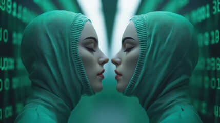 Two futuristic figures with covered faces mirror each other in a striking green digital environment, representing themes of technology, duality, and modernity in art.