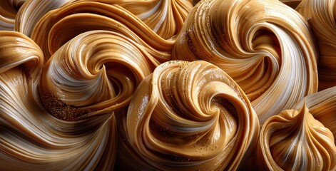 Smooth and Creamy Swirls of Caramel Texture, Captivating Abstract Design in Warm Tones for Food and Dessert Related Backgrounds