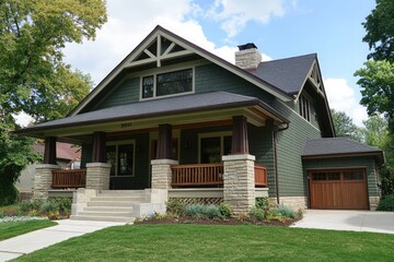 Exterior of Craftsman style house with dark green shingles and stone porch supports