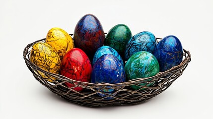 Colorful easter eggs in a decorative wire basket spring red art blue home green craft happy image