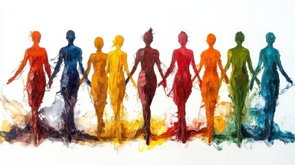 Colorful figures form a chain, vibrant hues blend, symbolizing unity and connection