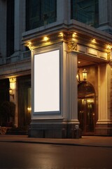 Illuminated blank billboard attached to building exterior at night with warm lighting.